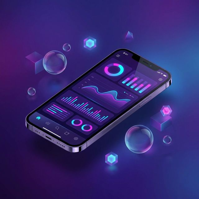 3D isometric view of a sleek mobile app interface